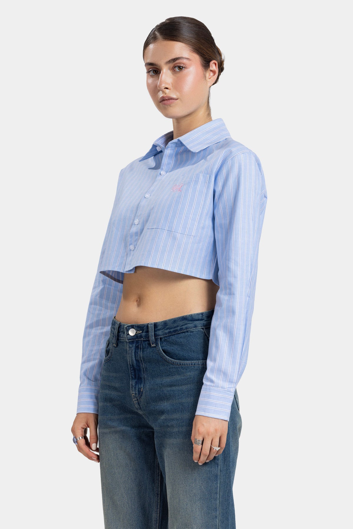 Break the Line Cropped Shirt -Sky Blue Stripe