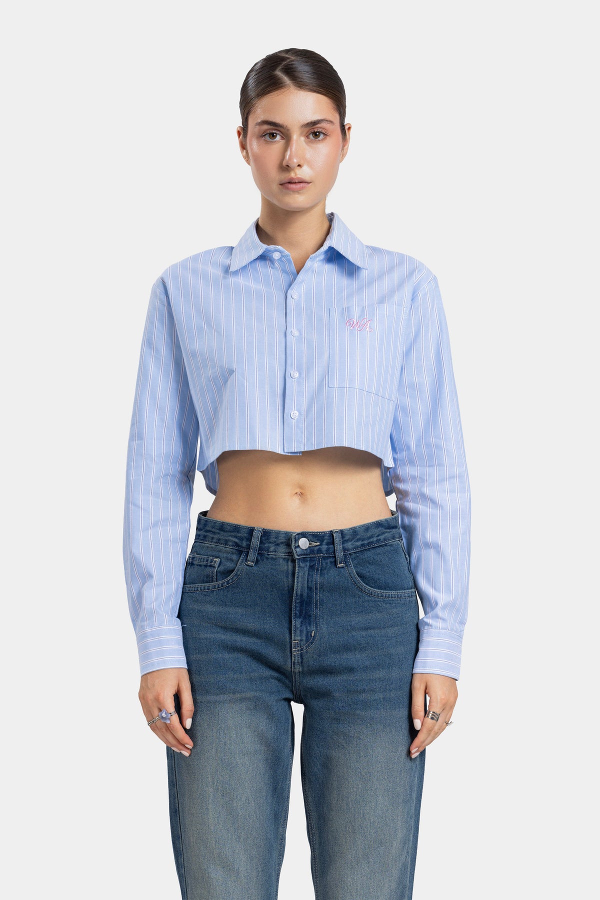 Break the Line Cropped Shirt -Sky Blue Stripe